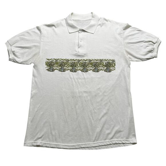 Vintage Hawaiian Fishermen Graphic Polo Shirt Gray Short Sleeve Sz M / L  Tribal - Picture 1 of 10